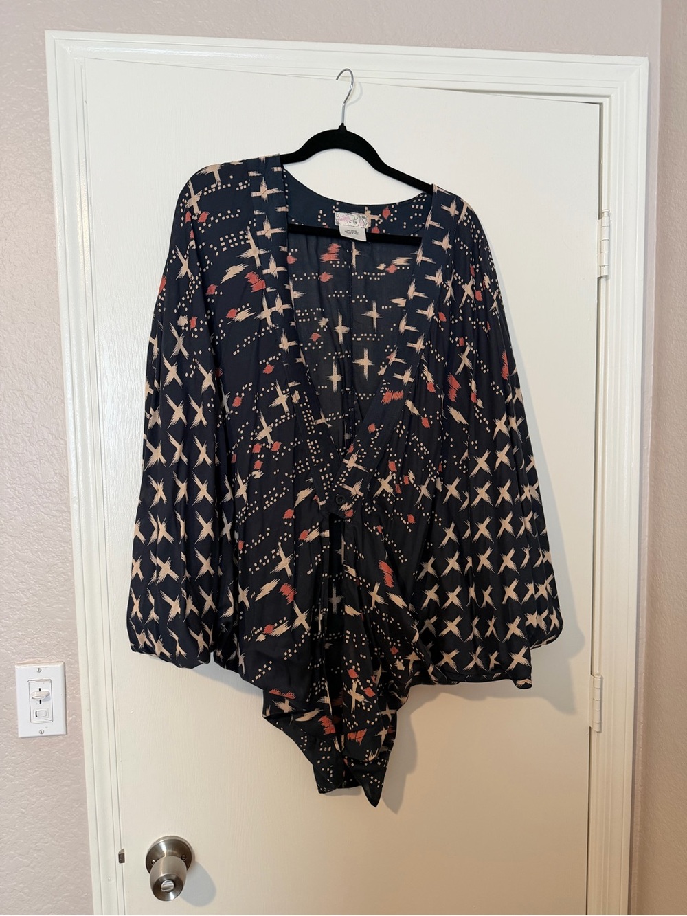 Free People Navy Printed Long-Sleeve Wrap Top/Kimono